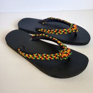 Black Beaded Flip Flops with Multicolor Accents Size 10 1/2